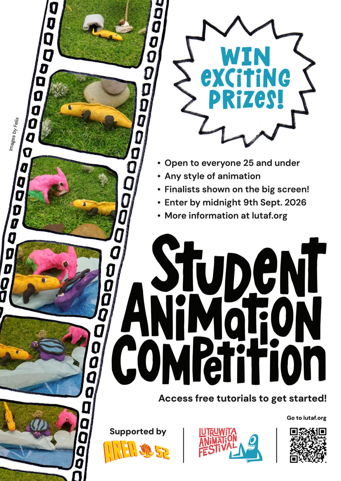 Student Animation Competition Poster 2026. Featured artwork from 2025 under 11 category winner Felix. LUTAF Student Animation Competition Poster 2026
